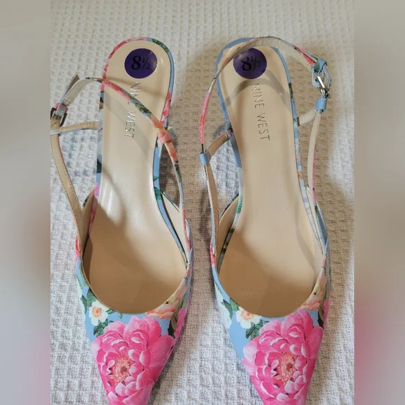 Nine West Floral Slingback Heels - Pink and Blue - Picture 3 of 9